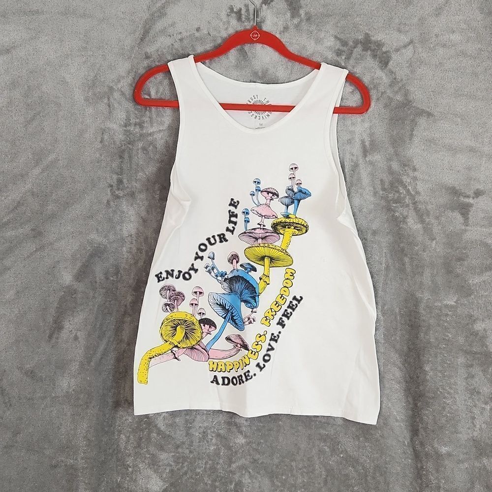 Trust the Universe Mushroom Graphic Tank Top White Cotton Size M Boho